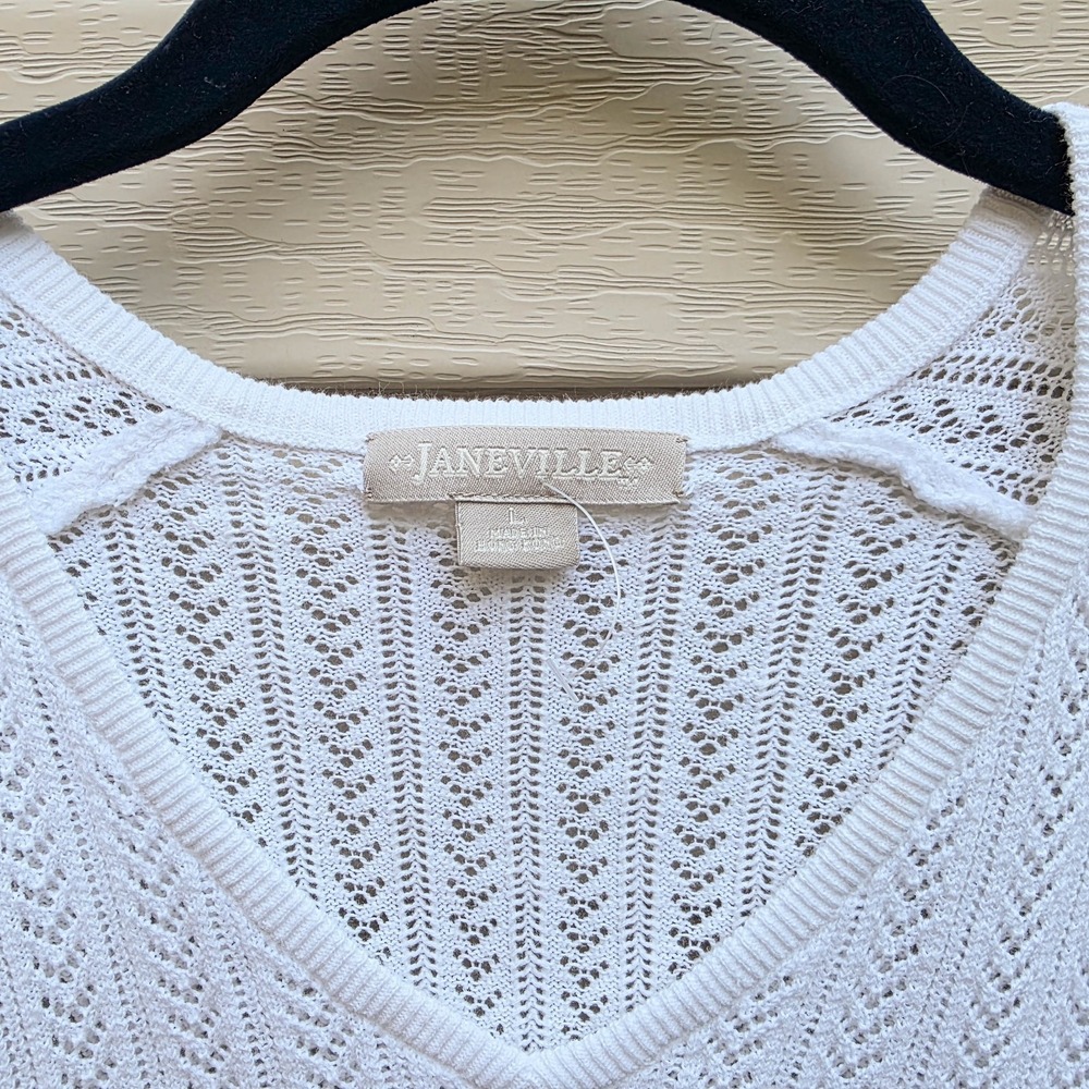VTG Open Knit White Pointelle Pullover Womens L 100% Cotton Coastal Cottagecore